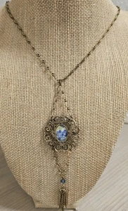 ANTIGUO COLLAR DE CADENA DE FLORES VICTORIANAS VINTAGE Art Deco Lavaliere tono dorado - Imagen 1 de 12