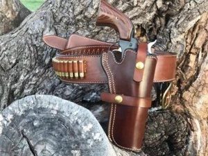 BROWN RIGHT HAND COWBOY REVOLVER PISTOL WESTERN LEATHER HOLSTER GUN BELT 44 / 45 - Picture 1 of 8