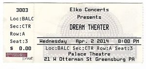 Dream Theater 4/2/14 Greensburg PA Palace Theatre Rare Ticket Stub!