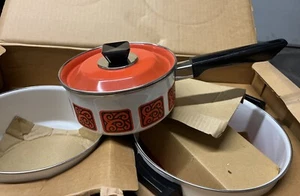 Vintage 70's Pattern Enamelware MCM Pots Pan Lids Retro Cookware Set Of 3 - Picture 1 of 10