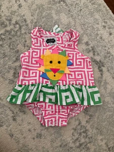 Mud Pie Infant Girl Pink White One Piece Romper Appliqued Lion 9-12 Months Zoo - Picture 1 of 4