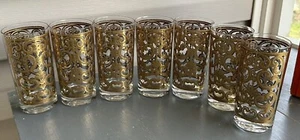 VINTAGE 7ER SET GEORGES BRIARD SPANISCH GOLD HOHE KUGEL GETRÄNKGLÄSER MCM 22K BARWARE - Bild 1 von 10