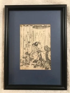 Japanese Woodblock Print in Black & White with Calligraphy. A Woman in the Rain? - Picture 1 of 7