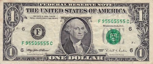 $1 Federal Reserve Note | Fancy Serial Number | 6 of a Kind (5s) | F95505555C - Picture 1 of 1
