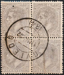 Asturias. Filatelia. ° Usato 204 (4) . 1879. 25 Cts Grigio,Blocco Di Four (Un Se - Foto 1 di 1