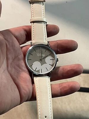 Japan Disney Mickey Mouse Head Quartz Wrist Watch White Band Leather - Image 1 of 4