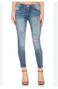 Pantalones de mezclilla Anthropologie AMO Twist Zip en azul Dive Bar Destroy para mujer talla 28 - Imagen 1 de 12