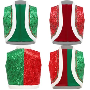 Kids Boys Girls Sequins Christmas Waistcoat Xmas Santa Elf Vest Faux Fur Hem - Picture 1 of 35