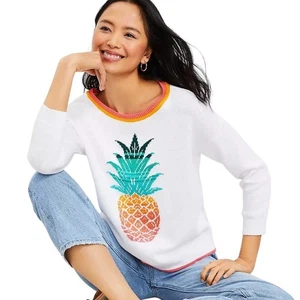 LOFT Pineapple Sweater Size S White Orange 100% Cotton Whimsical Summer - Picture 1 of 9