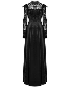Punk Rave Womens Long Gothic Sateen Maxi Dress With Embroidered Lace Contrast - Picture 1 of 13