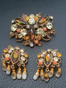 Vintage Florenza Aurora Borealis Rhinestone Signed Circa Brooch Earring Set - Picture 1 of 20