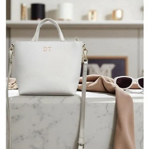 TDE White Structured Leather Tote Bag DT Logo Gold Hardware Crossbody Strap - Bild 1 von 15