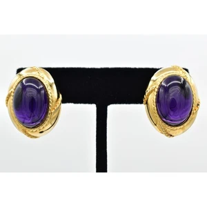 Vintage Purple Cabochon Earrings Oval Post Gold Tone Heavy Chunky 1980s BinBF - Picture 1 of 12