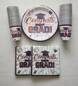 FREE 2025 Year Red & Blue Graduation Party Paper goods Plates Cups 24 Guests 120 - Picture 1 of 1