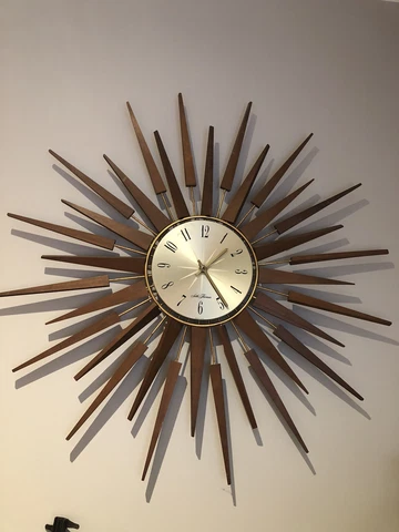 Mid Century Teak And Gold Brass Seth Thomas Sunburst Wall Clock Working Cover