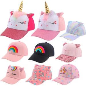 Baby Girls Unicorn Baseball Caps Kids Children Rainbow Hip Hop Snapback Sun Hats - Picture 1 of 25