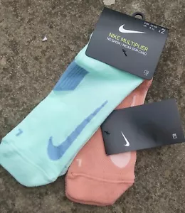 2 PAIRS : L 8-11 NIKE MULTIPLIER Low Cut NO SHOW SOCKS Mint / Peach 42-46 Box5 - Picture 1 of 5
