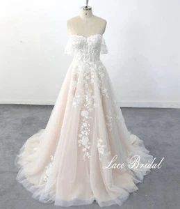 Timeless Floral Lace Wedding Dress Bridal Gown Champagne off Straps 2-28W Plus - Picture 1 of 8