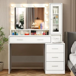White Dressing Table Vanity Table with LED Lighting Mirror and 5 Drawers - Picture 1 of 16