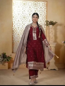 Function Wear Maroon Chinnon Silk Salwar Kameez With Dupatta For Women & Girls - Picture 1 of 11
