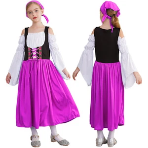 Kids Girls Dirndl Dress Oktoberfest Costume Cold Shoulder Dress with Headscarf  - Picture 1 of 44