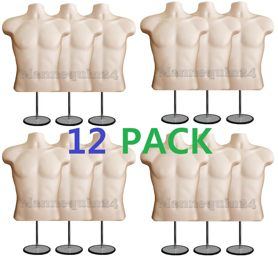 12 Pack Mannequin Torsos Male & 12 Stands Flesh Men Clothing Display Body Forms  - Image 1 of 4
