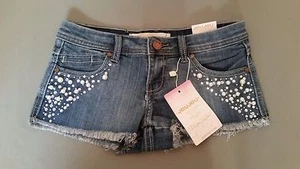 New DENIM JEAN SHORTS WITH PEARL RHINESTONES~Premium Denim Collection by jou jou - Picture 1 of 4