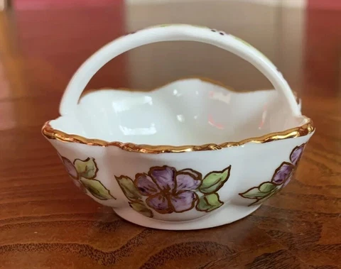 Vintage Porcelain Basket Purple Floral White Gold Trim Handle Artist Signed Cover
