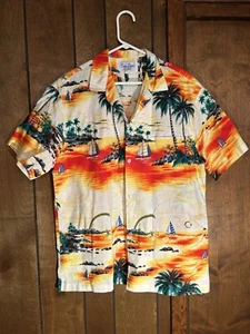 Camicia hawaiana vintage Kai Nani uomo XL barca a vela arcobaleno oceano stampa palma - Foto 1 di 5
