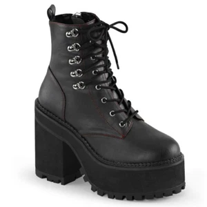Black Red Trim Platform 1990s Grunge Punk Combat Boots Shoes Womans Demonia - Picture 1 of 1