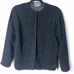 La Mittini - Damen Vintage Perlen Lammwolle Angora Strickjacke schwarz gefüttert - Gr. M - Bild 1 von 10