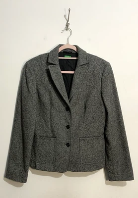 Blazer United Colors Of Benetton Tweed Talla 44 UK 12 Gris Lana Sencillo Pecho Foto 1 de 4