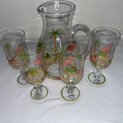 Home Essentials Flamingo Hand-Painted Set Of 4 Glasses And Pitcher Never Used - Image 1 of 4
