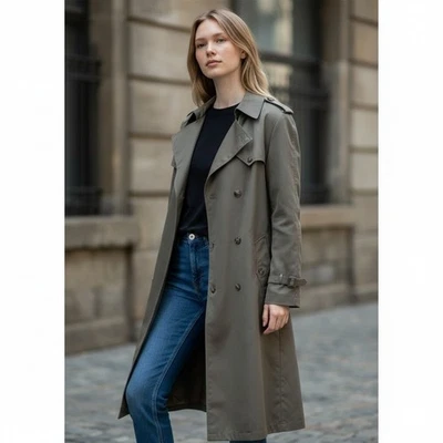 Gabardina clásica para mujer Misty Harbor de doble botonadura oliva larga talla 42 Foto 1 de 4