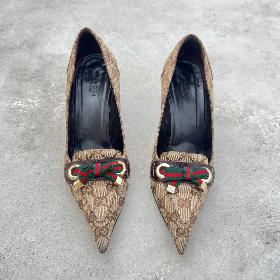 Gucci | Authentic Vintage GG Monogram Canvas Leather Pointed Toe Ribbon Pump(37) - Image 1 of 4