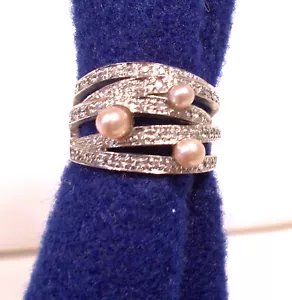 Sterling Silver Multi Band Cocktail Ring in Faux Pink Pearls & Rhinestones Sz 8 - Picture 1 of 3