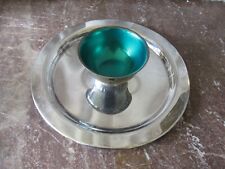 Vintage Silver plate round serving dish green enamel center bowl chip dip 12' D
