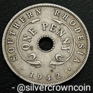 Rhodesia Southern Zimbabwe 1 Penny 1942. KM#8. Holed 1 Cent coin. George VI WWIl - Picture 1 of 7