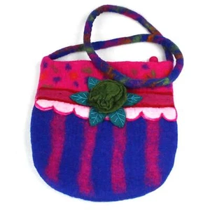 FairFelt Striped Flower Bag Blue Red Handbag Ladies Wool Felt Fair Trade - Foto 1 di 3