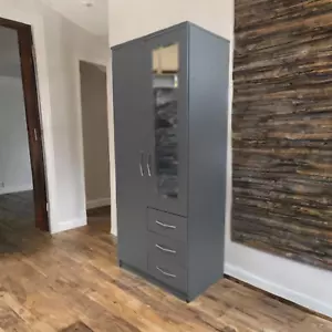 Assembled Grey 2 Door With 3 Drawer Wardrobe Bedroom Storage Hanging Bar - Picture 1 of 3