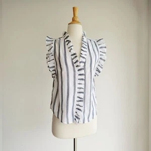 FRAME Lauren weiß-blau gestreifte Baumwollbluse mit Rüschen Small - Bild 1 von 4