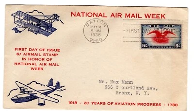 C23 Eagle & Shield 6c Airmail FDC 1938 - Planty #15b WSE - Image 1 of 2
