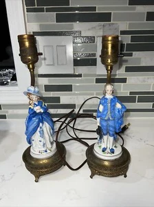 Pair of antique French Victorian porcelain boudoir lamps Man And Woman 12” Tall - Picture 1 of 10