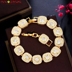 Brilliant Yellow Gold Plated White CZ Love Square Heart Bracelet Fashion Jewelry - Bild 1 von 16