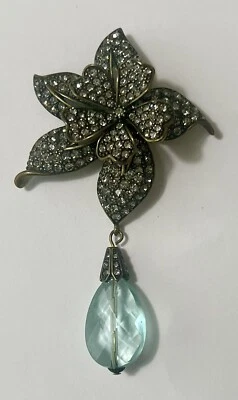 Unsigned Heidi Daus Pave Crystal Flower Trembler Brooch w/Faceted Crystal Drop - Image 1 of 4