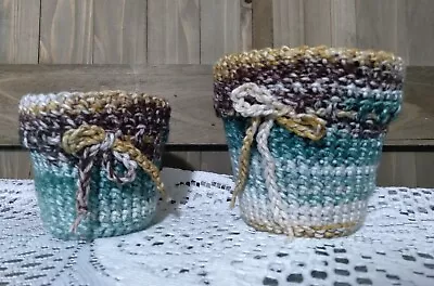 plant pot cover pair in crochet 100% cotton in natural colors - Image 1 of 4