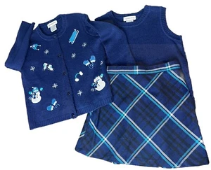 Girls Christmas SWEATER CARDIGAN Plaid Skirt Snowman 3 Pc Set 4/4T embroidery - Picture 1 of 10