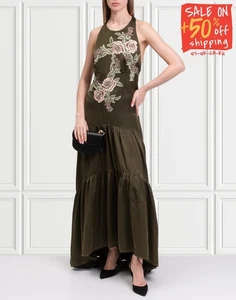 RRP€920 BLACK CORAL Satin Maxi Dress IT40 US4 UK8 S Embroidered Flowers Tiered - Picture 1 of 8