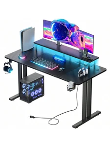 Gaming desk led lights power outlet monitor stand ergonomic carbon fiber table - Picture 1 of 15