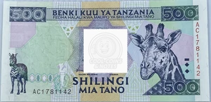 Billete Mundial Tanzania 1997 500 Shilingi P-30 UNC jirafa y cebra moneda - Imagen 1 de 2